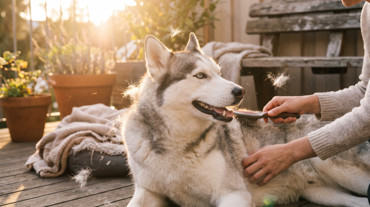 Husky sibérien se faisant brosser en douceur au soleil couchant