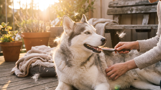 Husky sibérien se faisant brosser en douceur au soleil couchant