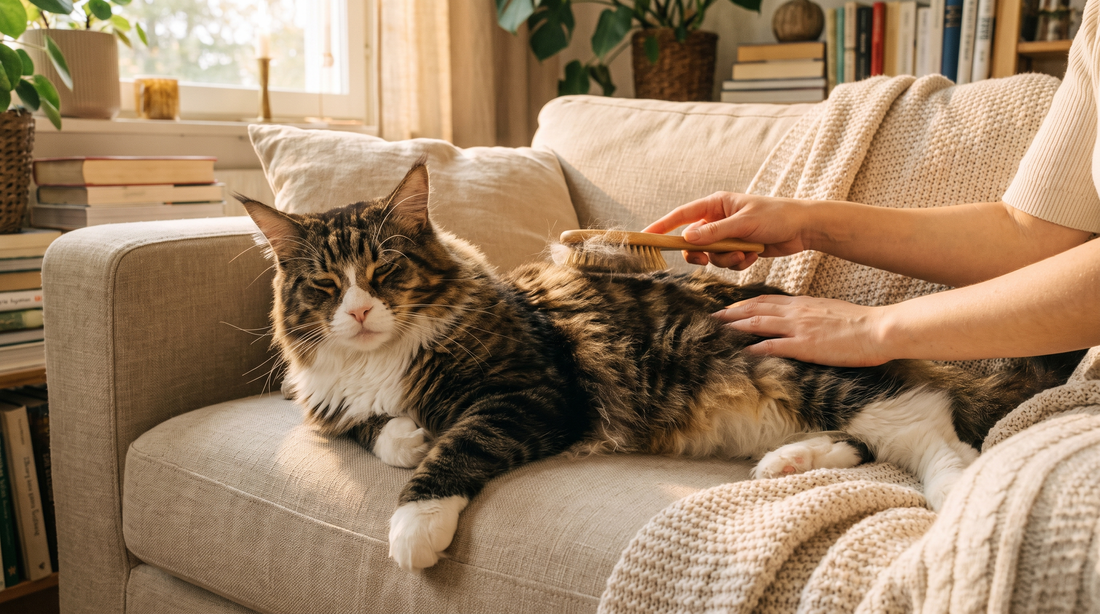 Maine Coon se faisant brosser doucement sur un divan beige
