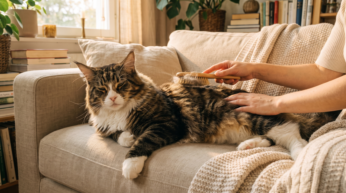 Maine Coon se faisant brosser doucement sur un divan beige