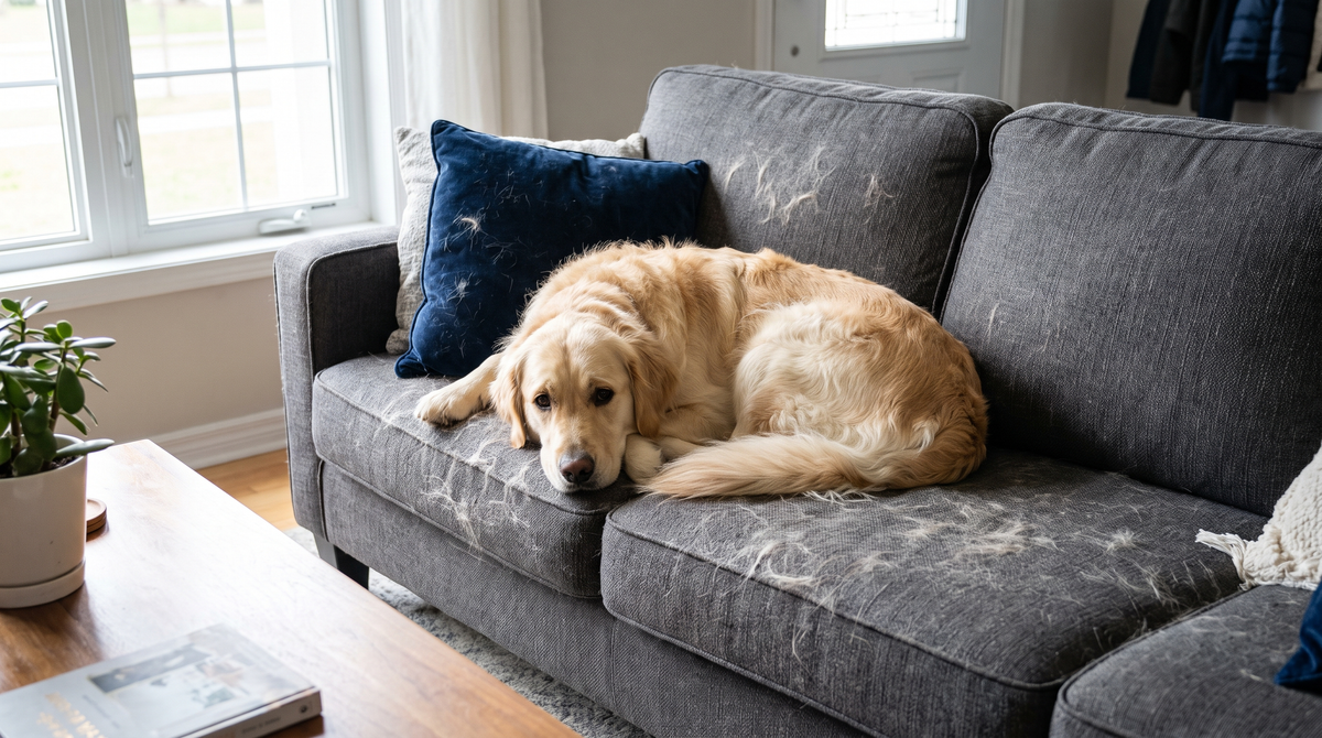 Golden Retriever couché sur un divan avec des poils visibles sur les coussins