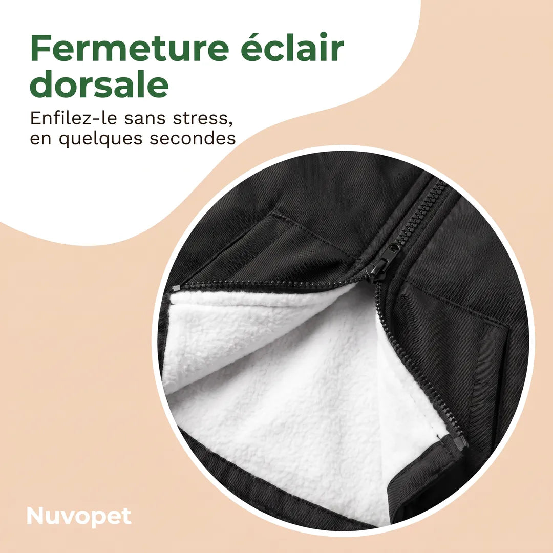 Fermeture éclair dorsale du manteau chien — enfilage rapide et doublure polaire