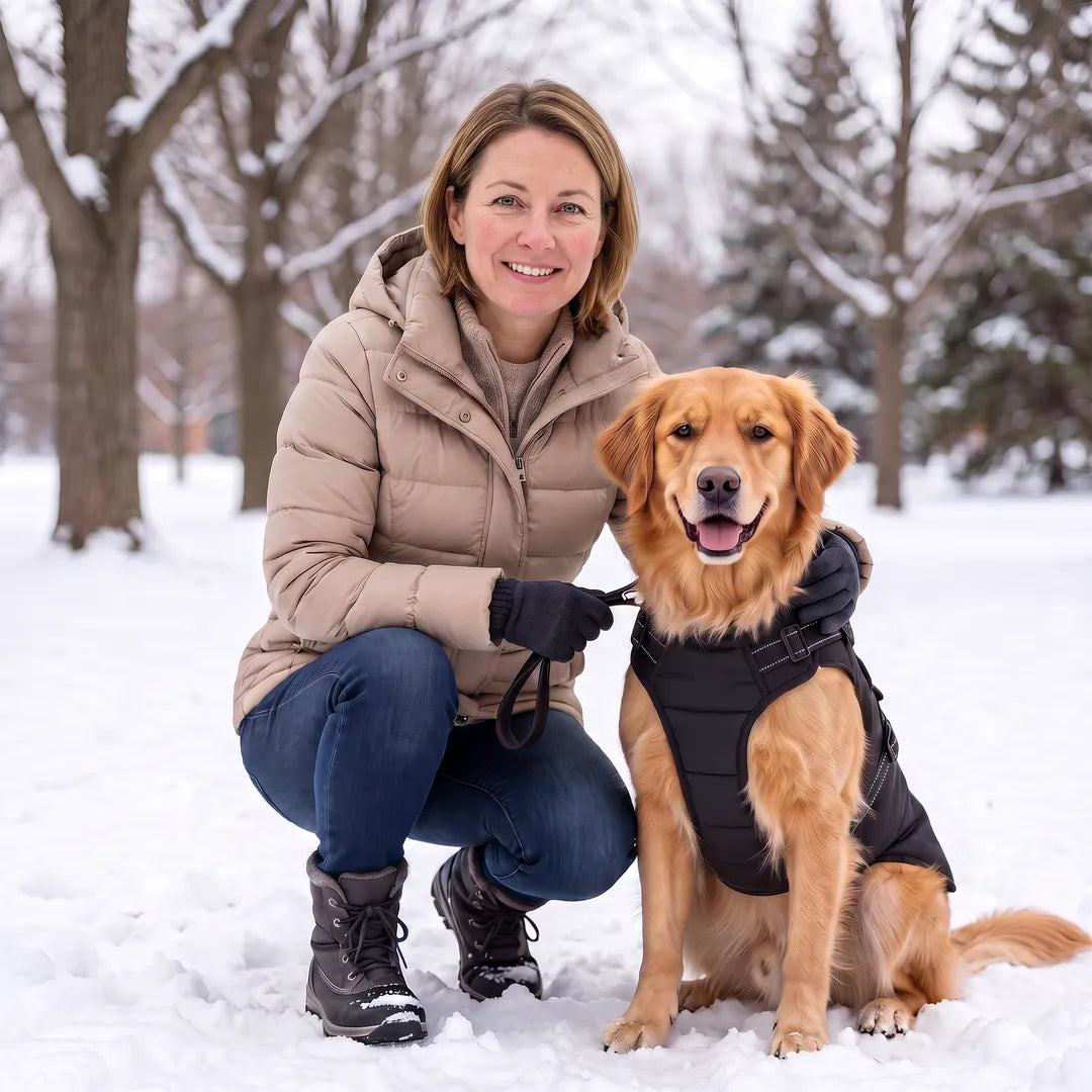 Femme et son chien en manteau d'hiver Nuvopet — promenade hivernale